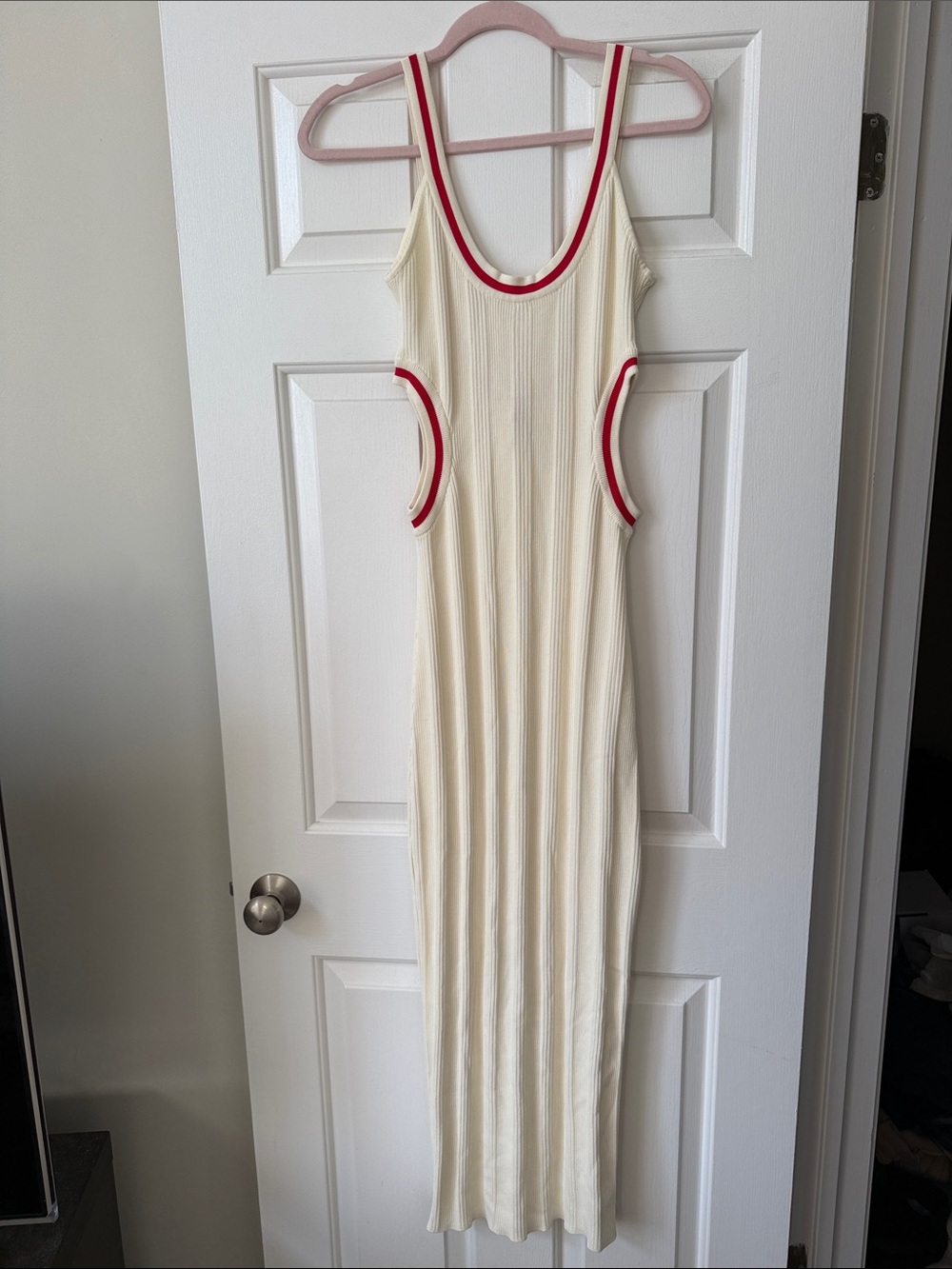 NWT- SOLID & STRIPED Cream Ribbed Midi Dress with Red Trim and Cutouts